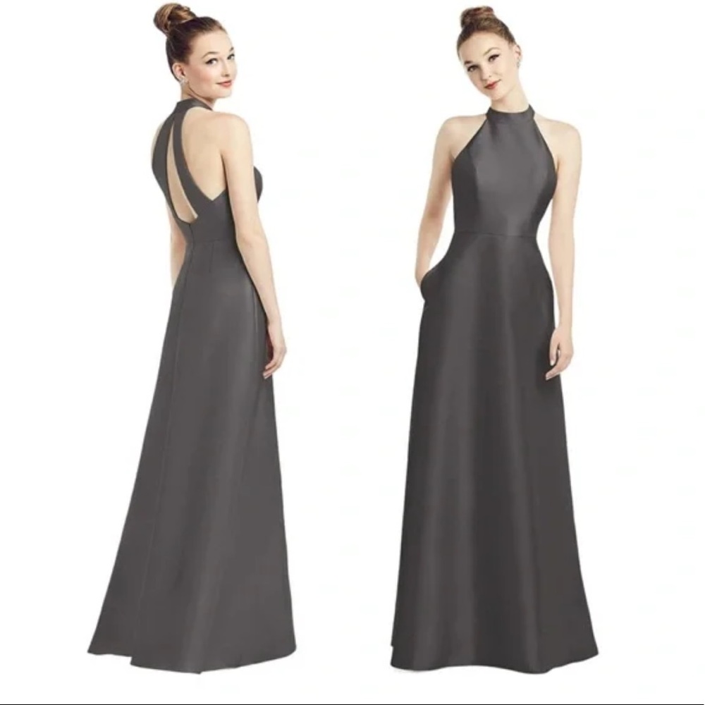 NWT Alfred Sung High-Neck Cutout Satin Dress w/Pockets in Caviar Gray Size 6